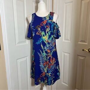 Worthington Blue Floral Cold Shoulder Dress Short Size 4 Short Sleeve